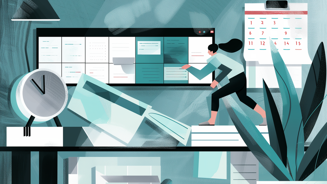 En person løper over en kaotisk skrivebordsoverflate med papirer spredt rundt for å rekke fristen for skattemeldingen. Illustrasjon.