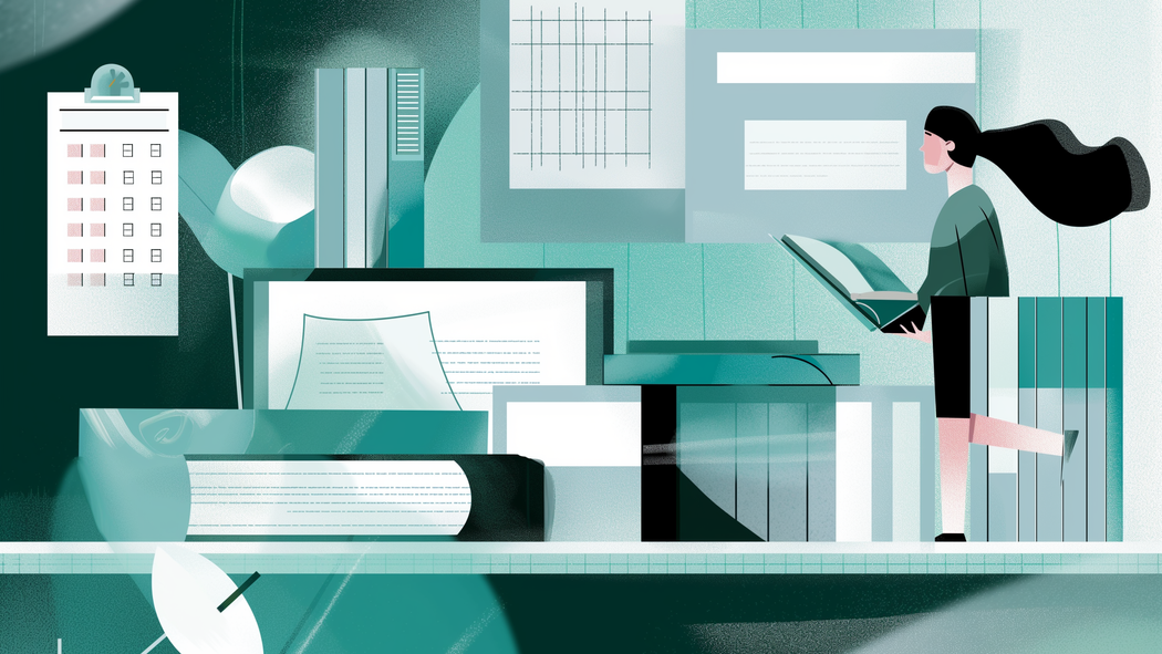 Menneske med langt svart hår som holder en bok, omgitt av kontormateriell og dokumenter. Illustrasjon.