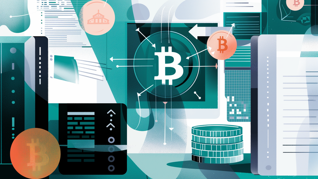 Vektorillustrasjon som viser Bitcoin-symboler og datasystemer, relatert til juridisk veiledning om skatt på kryptovaluta. Illustrasjon.